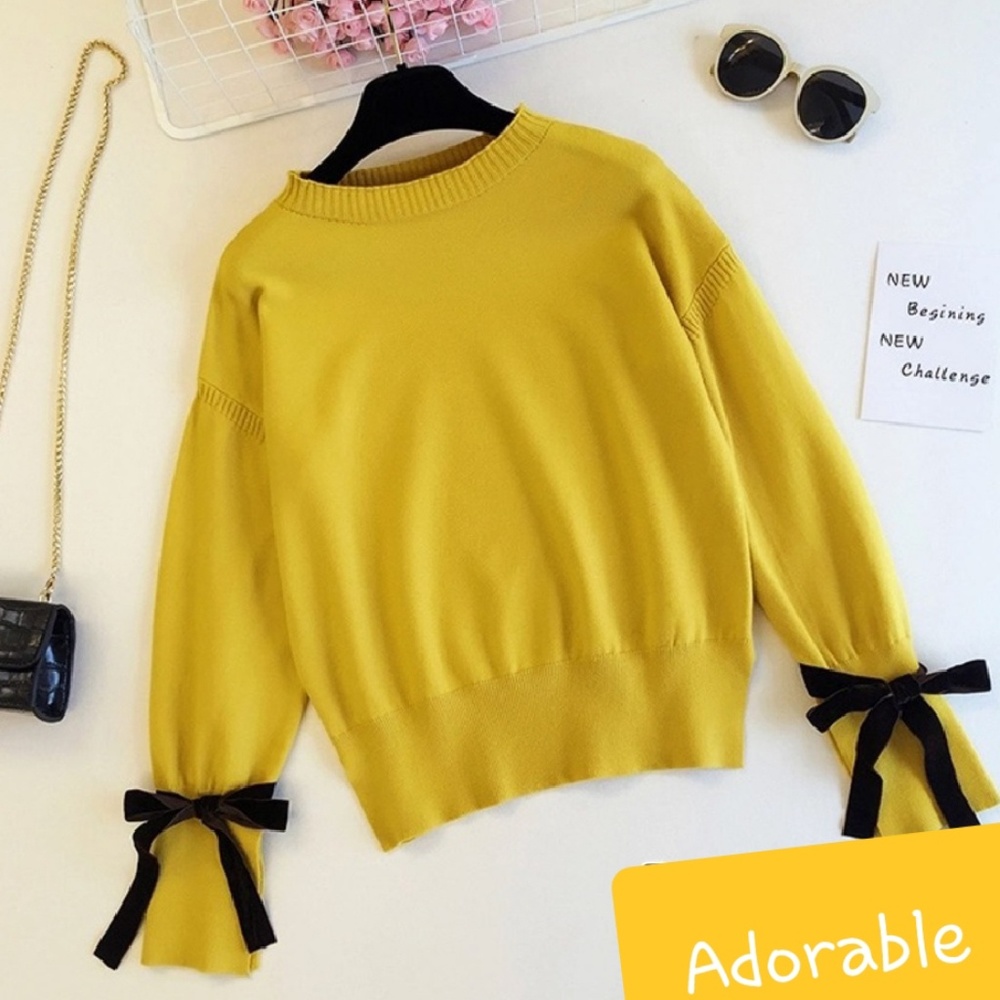 Yellow Crew Neck Sweater with Black Bow Accents